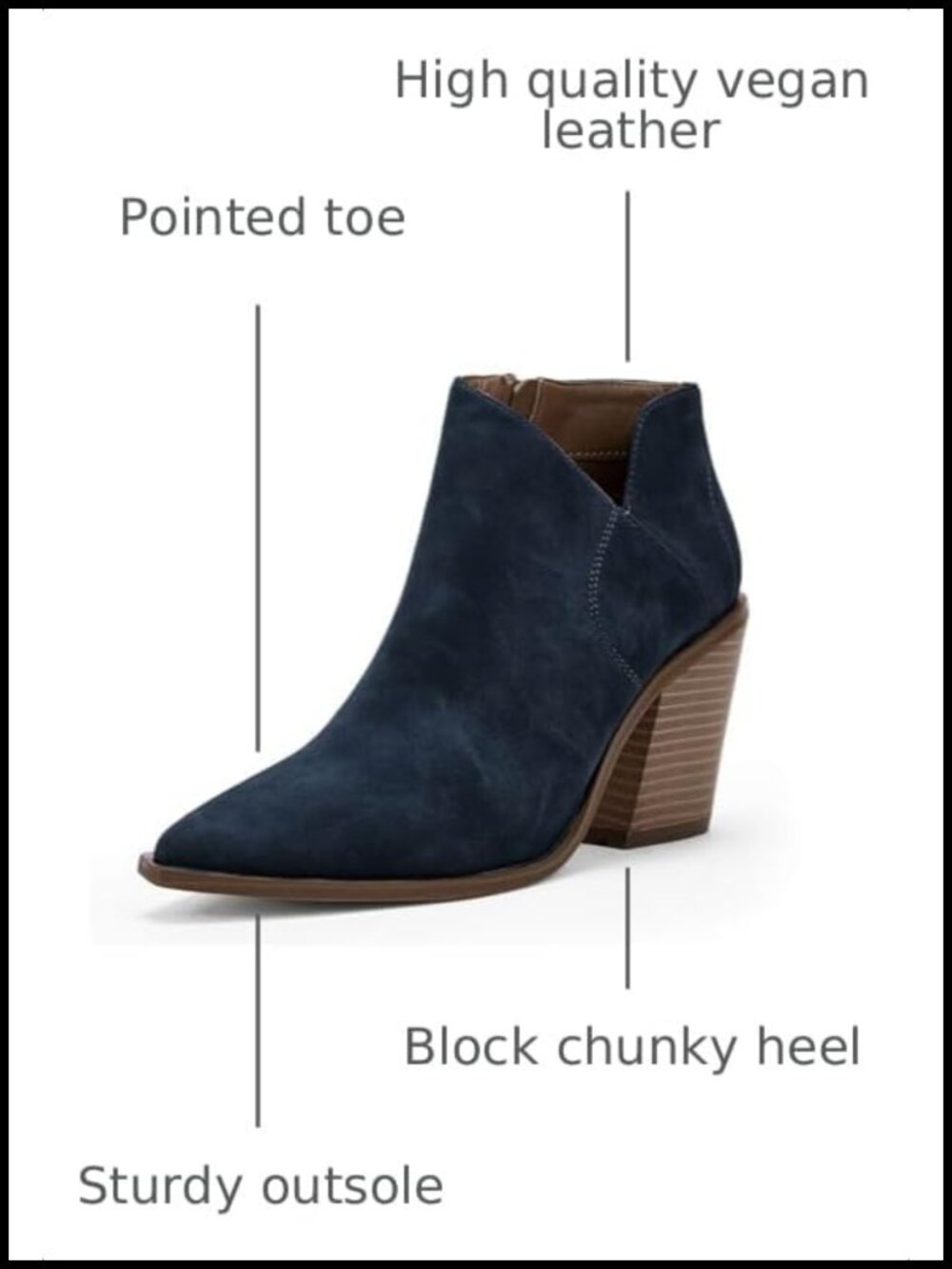 Pointed Toe Ankle Boots Block Chunky Heel Cutout Side Zipper Fall Booties - Picture 2 of 6